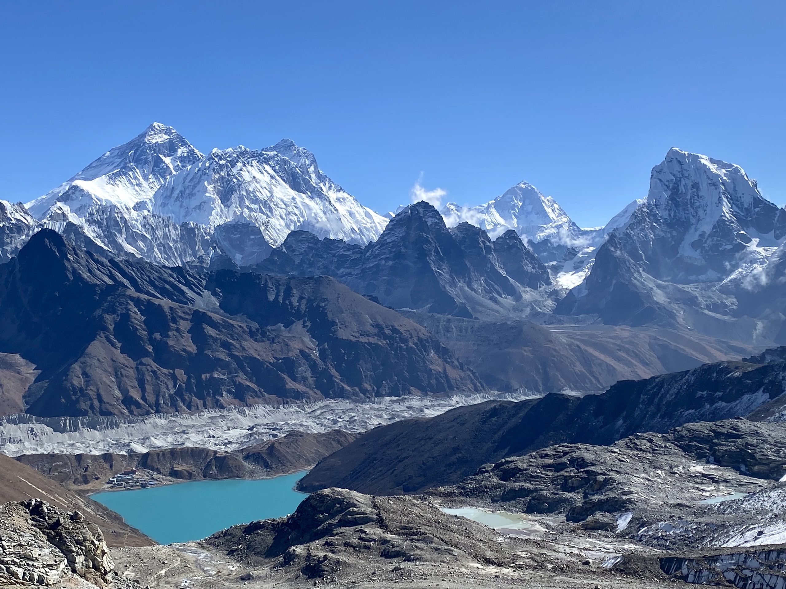 View from the Renjo La: Everest left, Makalu center right, Cholatse right. Gokyo visible on lower left.